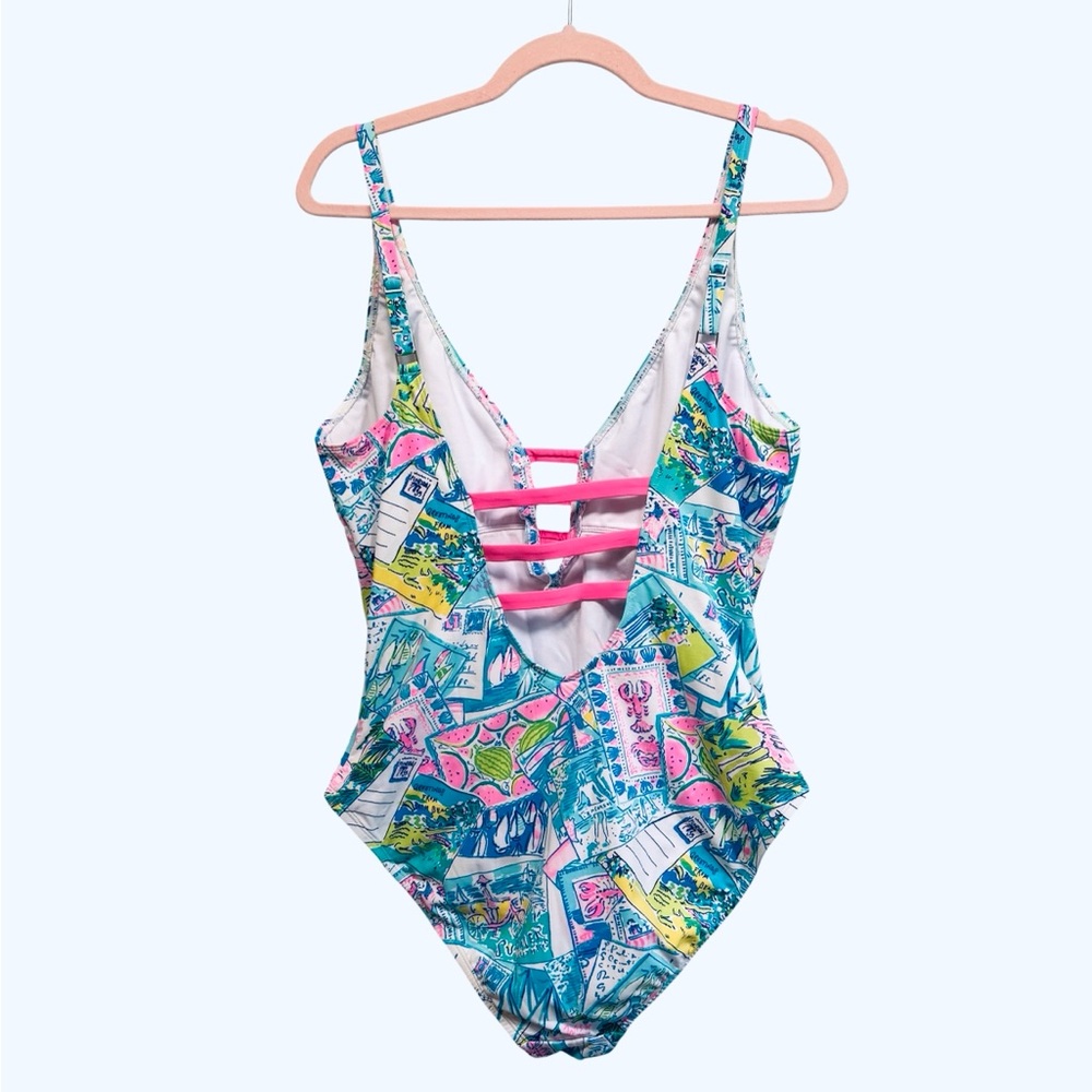 Lilly Pulitzer Jaspen one-piece swimsuit in “Pop Up Wish You Were Here,” size 14 - Picture 4 of 10